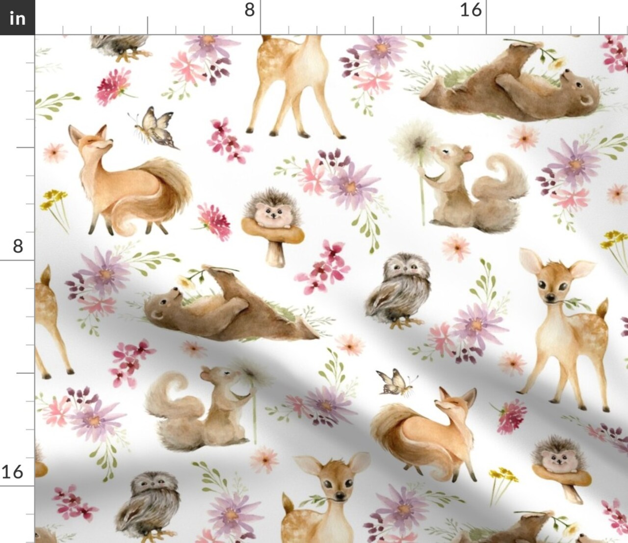 Woodland Forest Friends Flowers Deer Baby Animals Fox Custom Printed Fabric by Spoonflower Various Fabrics by the Yard or Fat Quarter